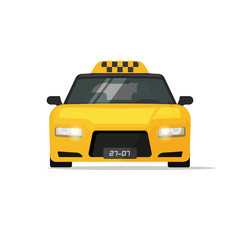 Taxi car vector icon isolated on white background, flat cartoon style taxi cab front view illustration, auto with taxi sign on roof