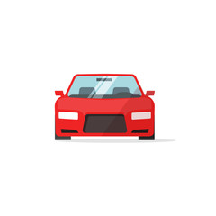 Naklejka premium Ikona samochodu czerwony kolor ilustracji wektorowych, ikona auto na białym tle, kolorowy samochód widok z przodu płaski, prosty design symbol pojazdu