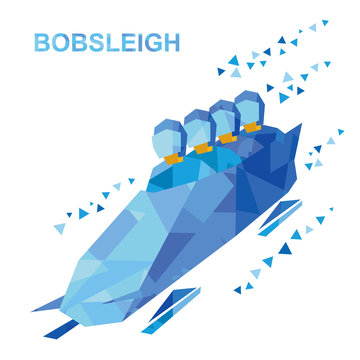 Winter sports - bobsleigh. Cartoon athletes ride in bobsled. Four sportsmen in blue bobsledding. Flat style vector clip art isolated on white background. With patterns.