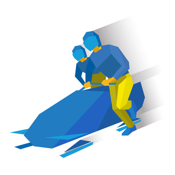 Winter sports - bobsleigh. Cartoon athletes running near bobsled. Sportsmen in blue and yellow bobsledding. Flat style vector clip art isolated on white background.