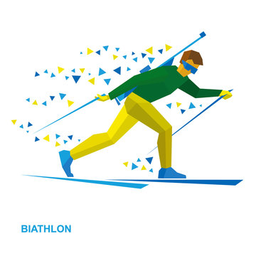 Winter sports - Biathlon. Cartoon biathlete going skiing with a rifle behind his back. Flat style vector clip art isolated on white background