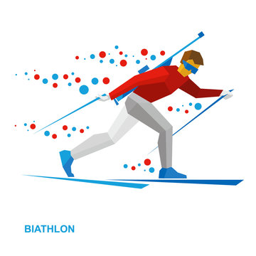 Winter sports - Biathlon. Cartoon biathlete going skiing with a rifle behind his back. Flat style vector clip art isolated on white background