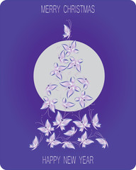 Christmas tree made of butterflies. Greetings Merry Christmas and Happy New year. Design for holiday cards, banner, poster, flyers. 