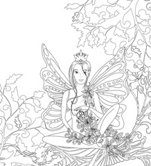Adult coloring book page,isolated fairy lady with butterfly wings. Zentangle style art. Black and white monochrome graphic. Can be used for yoga club wallpaper design
