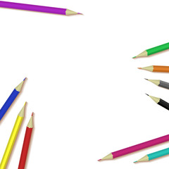Vector template or mock up with white table and colorful pencils. Easy to place your image on the cover.Top view.