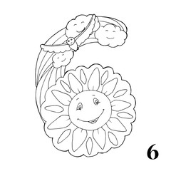 Black and white coloring book page. Number six with sun, clouds and flying bird. Isolated element