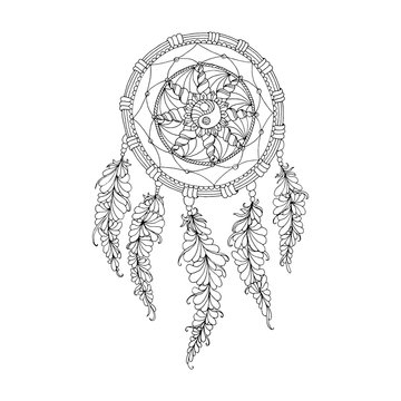 Indian Dream catcher, black and white ethnic graphic element. Vector isolated object