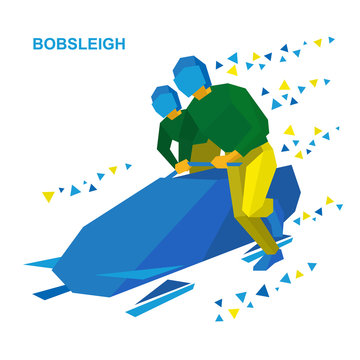 Winter sports - bobsleigh. Cartoon athletes running near bobsled. Sportsmen in green and yellow bobsledding. Flat style vector clip art isolated on white background.