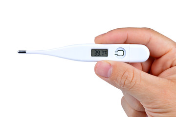 Obraz premium Human hand holding electric digital thermometer on white background