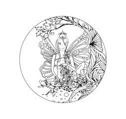 Adult coloring book page,isolated fairy lady with butterfly wings. Zentangle style art. Black and white monochrome graphic. Can be used for yoga club wallpaper design