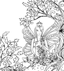 Adult coloring book page,isolated fairy lady with butterfly wings. Zentangle style art. Black and white monochrome graphic. Can be used for yoga club wallpaper design
