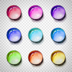 Round shape gems colorful set with transparent shadow. Vector illustration. For game interface.