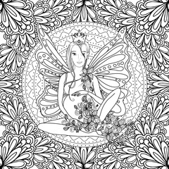 Adult coloring book page with fairy Pregnant lady.Pregnancy in zentangle style art.Black and white