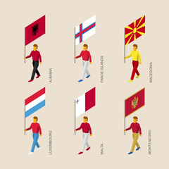 Set of isometric 3d people with flags of European countries. Standard bearers infographic - Albania, Faroe Islands, Macedonia, Luxembourg, Malta, Montenegro.