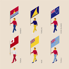 Set of isometric 3d people with flags of countries in Oceania. Standard bearers infographic - Kiribati, Tokelau, Cook Islands, Tonga, Niue, Tuvalu.
