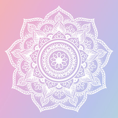 Round mandala on dreamy gradient background. Translucent mesh pattern in the form of a mandala. Mandala with floral patterns. Yoga template.