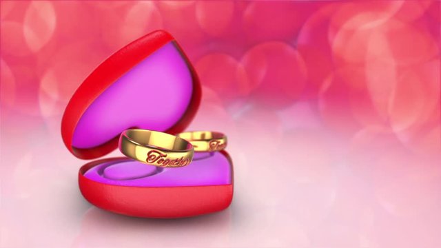 3D animation wedding rings with word Together Forever and Red Velvet heart box with beautiful bokeh background.