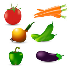 Realistic vegetables set with potato, green pepper, corrat, onion, eggplant on white background