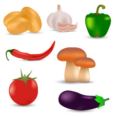 Realistic vegetables set with potato, green pepper, corrat, garlic, eggplant on white background