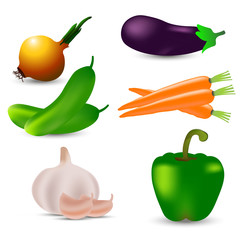 Realistic vegetables set with potato, green pepper, corrat, onion, eggplant on white background