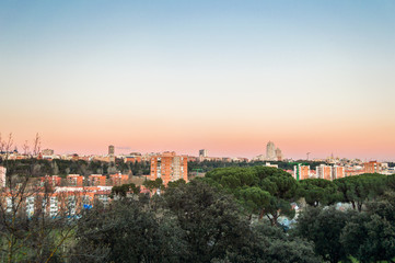 Fototapeta na wymiar Madrid skyline cityscape at sunset time, Spain