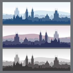 Old town silhouettes set. Seamless city skylines in different colors. Silhouette of Prague. Vector illustration for website or banner. Travel background.