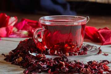 Red Hibiscus tea in glass mug