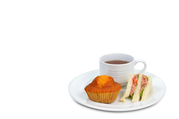 Coffee break set, sandwich and banana cake on white background.