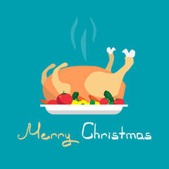 Happy Holidays Cartoon flat cooked roasted turkey Christmas on a