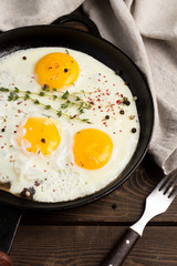 Fried eggs in a frying pan on a dark background