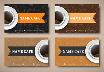Set of business cards coffee cafes, restaurants. Templates with drawings by hand, a ribbon and a cup of black coffee in the foam. Vector illustration