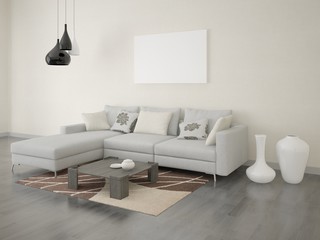 Fototapeta na wymiar Mock up poster living room with a corner sofa.