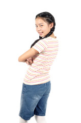 Asian girl 12 years old plait her hair and t-shirt with short je