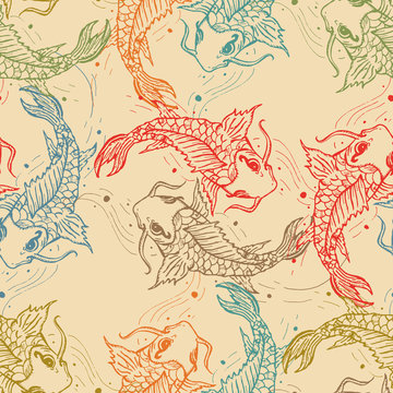 Carps seamless pattern, hand drawn carp japanese background
