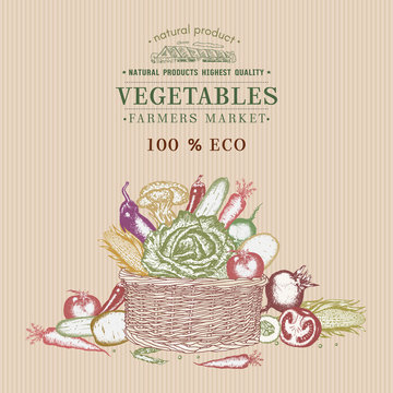 Fresh vegetables in basket vintage poster. Eco food