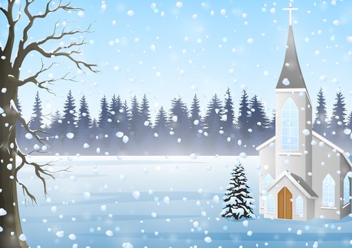 Christmas greeting card, Winter landscape with church