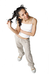 Woman looking up at camera, pulling hair