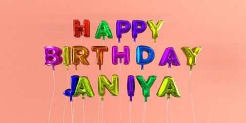 Happy Birthday Janiya card with balloon text - 3D rendered stock image. This image can be used for a eCard or a print postcard.