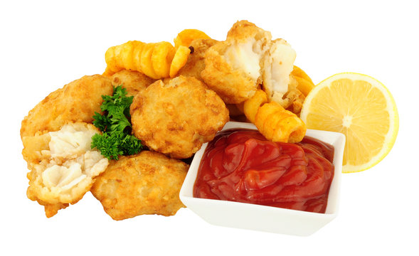 Cod Fish Nugget Bites With Curly Fries
