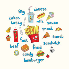 Fast food, french fries, hamburger, cheese, muffins, donuts, ice cream. Vector.