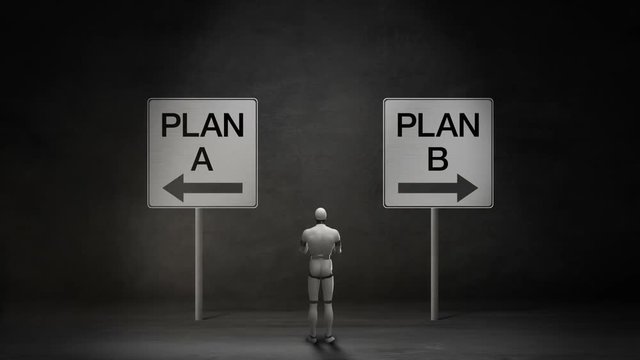 Robot cyborg choose Plan A or Plan B. decided ways. makes decision.