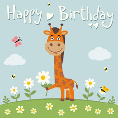 Happy birthday! Cute giraffe with flower on meadow. Birthday card.