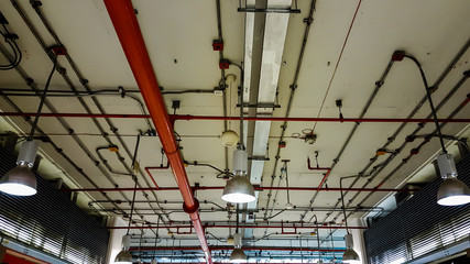 Fire protection system on ceiling.