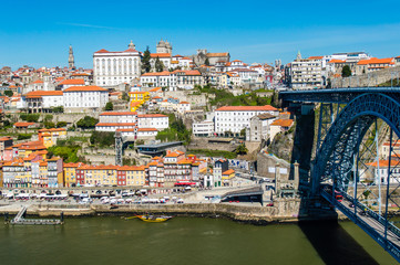 Old Porto cityscape skyline with Dom Luis I Bridge and Douro River in Porto, Portugal