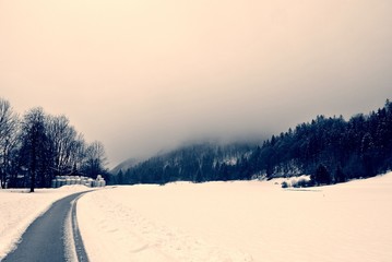 Black and white snowy winter landscape in the mountains, on a foggy day, on a deserted countryside road. Monochrome image filtered in nostalgic, retro style with soft focus and red filter. - 126624987