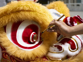 Person painting Chinese lion costume