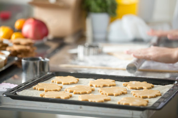 Christmas gingerbread cookies in a row on a tray, on the baking paper, ready to be baked in the oven. Hands with metal rolling pin on the background. Closeup, home, Christmas concept photo