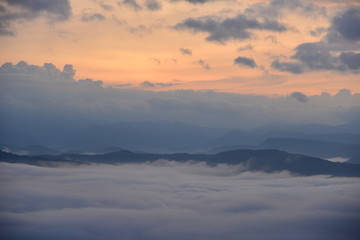 Obraz na płótnie Canvas Landscape Mountain and mist in the morning at Doi Pha Chu in Si Nan National Park, Nan Province, Thailand