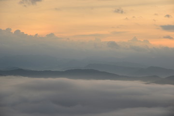 Fototapeta na wymiar Landscape Mountain and mist in the morning at Doi Pha Chu in Si Nan National Park, Nan Province, Thailand