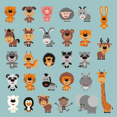 Big set isolated animals. Vector collection funny animals in cartoon style. Cute animals: forest, asia, africa, farm, domestic, arctic.